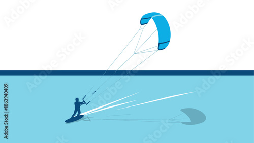 Dynamic kite surfing adventure in minimalist blue design