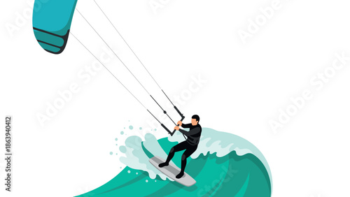Kitesurfer riding waves in dynamic flat art style with vibrant splashes