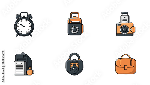 Retro style icon set of vintage gadgets and accessories