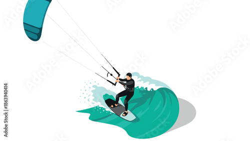 Dynamic sport kitesurfing design with a surfer in action on ocean waves