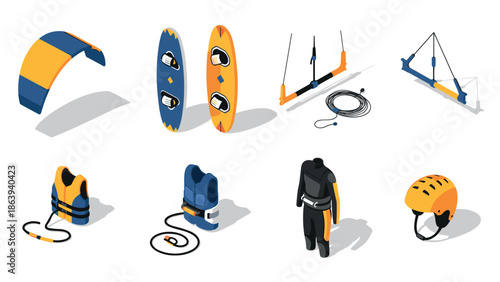 Isometric kiteboarding equipment set: boards, harness, wetsuit, helmet, and more