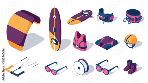 Isometric kite surfing gear collection featuring boards, goggles, and safety equipment