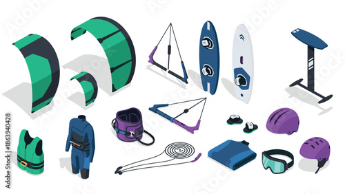 Isometric kiteboarding and windsurfing equipment collection for water sports enthusiasts