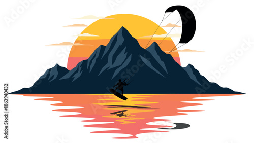 Sunset adventure with kitesurfer and mountain reflection