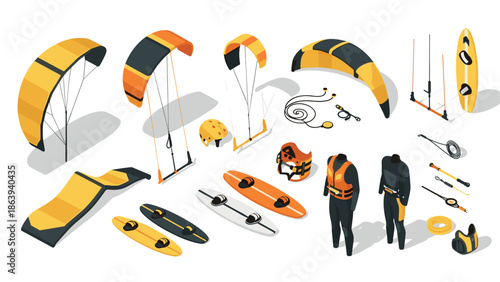 Essential gear for kite surfing: boards, kites, and safety equipment in modern isometric design