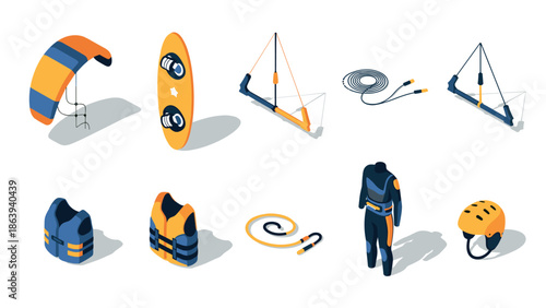 Isometric kiteboarding equipment set: boards, safety gear, and accessories for water sports enthusiasts