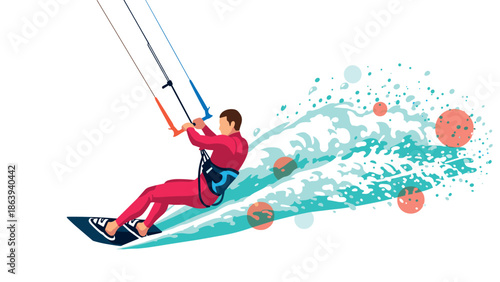 Kitesurfing adventure with dynamic waves and colorful splash elements