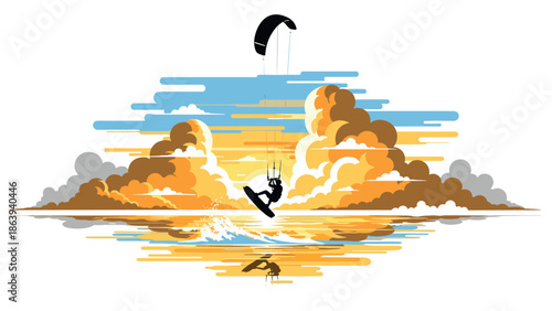 Kitesurfer in action against a vibrant sunset sky with clouds