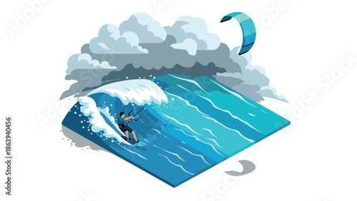 Dynamic kite surfing adventure with waves and wind in isometric design