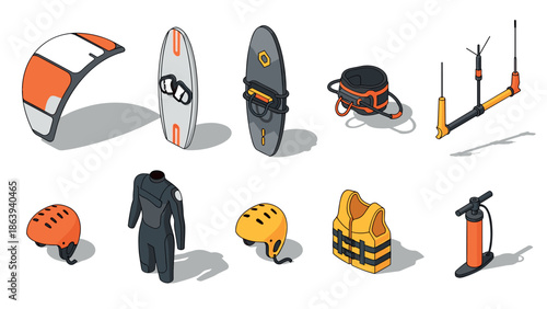 Isometric kitesurfing gear collection with equipment and accessories in modern design