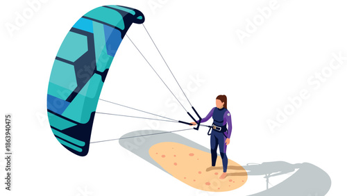 Isometric kite surfer on beach with surfboard and kite equipment in action