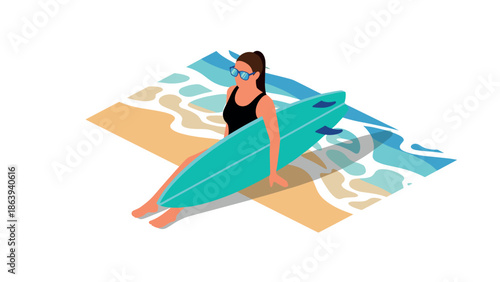 Summer beach scene with woman in swimwear holding surfboard in isometric style