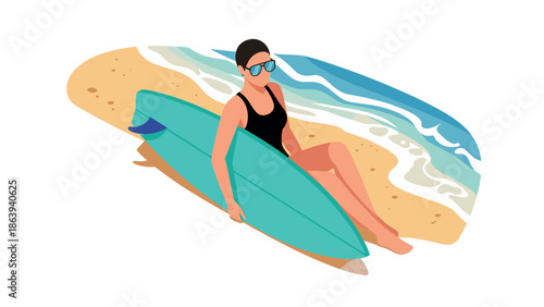 Surfer resting on beach with surfboard and sunglasses in modern flat design