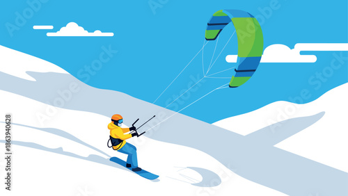 Colorful kiteboarder gliding over snowy mountains in flat design