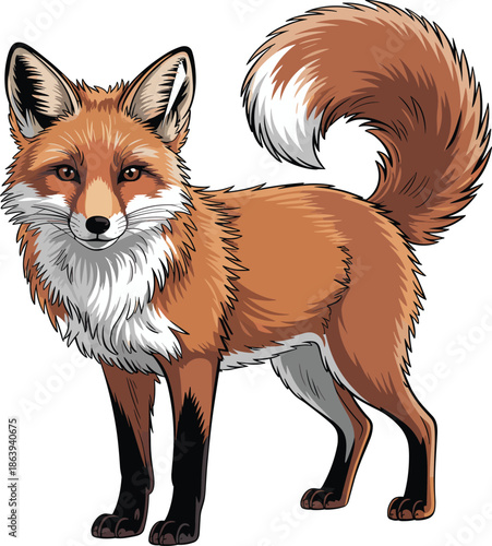 Red fox illustration, wild animal artwork, forest wildlife drawing, nature mammal design, bushy tail creature, alert predator, realistic fur details, natural scene
