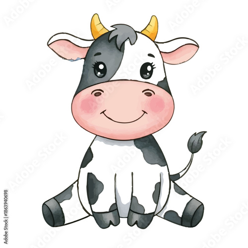 A funny cute cow cartoon standing alone on a white farm background