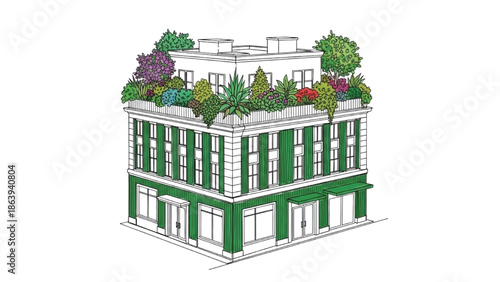 High-Quality Black Continuous Line Art of Green Mixed-Use Building with Rooftop Gardens
