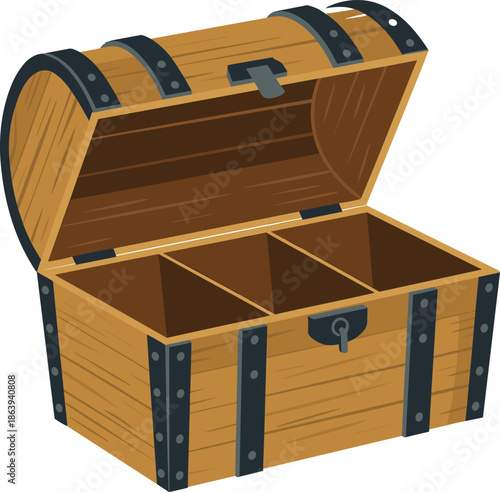 Wooden treasure chest, antique storage box, vintage compartments, pirate valuables container, adventure mystery chest, classic lock design, reinforced planks, historical artifact