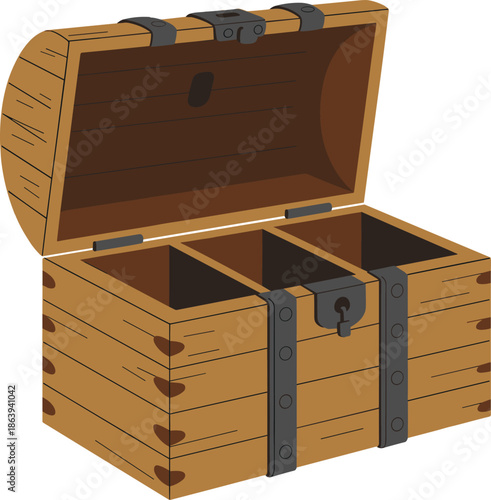 Open wooden treasure chest, vintage storage box, adventure mystery container, antique compartments, fantasy valuables holder, classic lock design, metal reinforced