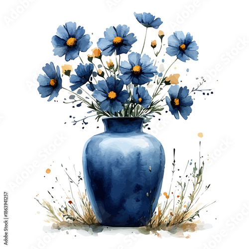 watercolor of A Tansy In A Vase, vector, isolated on a white background.