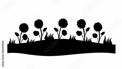 Black silhouette of flowers and grass on a hill