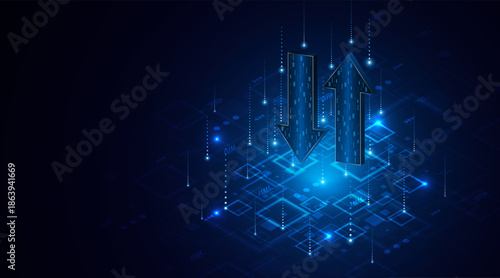 Up and down arrows on dark blue background. Concept of data transmission or digital exchange. Business growth or investment concept. Blue arrow technology background.