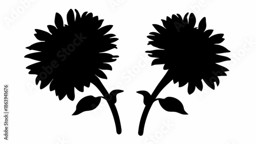 Two black silhouettes of sunflowers on white background