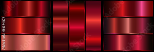 Red metallic gradient with frame on black background. nine shiny metallic gradients. red leaf texture.