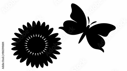 Elegant butterfly approaching a sunflower on white background