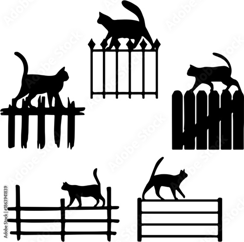 Cats silhouette walking on various fences set. Black kittens on wooden and metal garden fence. Vector illustration of domestic pets outdoors.