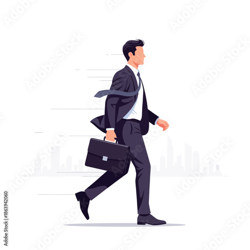 Business man walking with briefcase, urban city background, dynamic movement, professional career concept