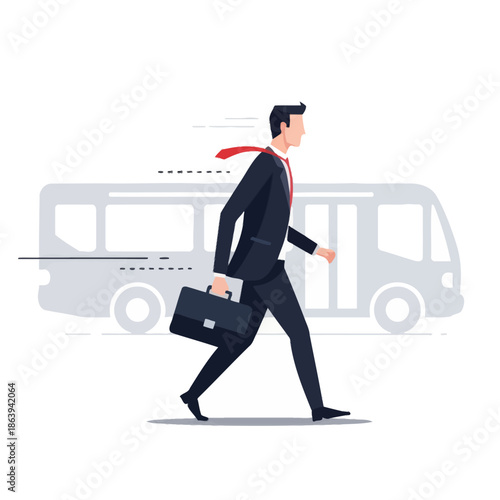 Businessman rushing to catch bus, urgency, commute, modern flat vector illustration