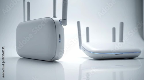 Two white wireless routers side by side.