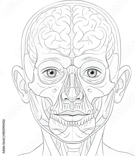 Human Head Anatomy Vector Illustration with Brain, Skull, and Muscles