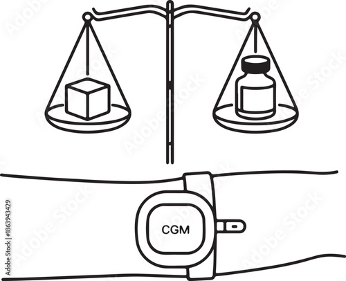 CGM sensor on an arm vector line art, with a set of scales balanced on top of the sensor outline illustration