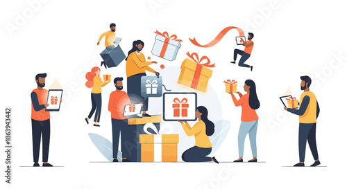 Diverse team celebrating with gifts and technology in modern workspace