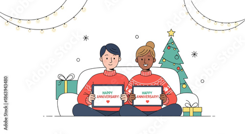 Couple celebrating anniversary on couch with festive Christmas tree