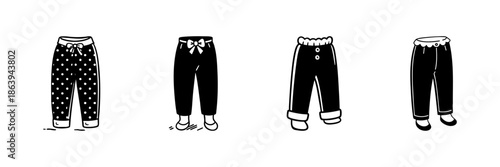 Children'S Pants In Hand Drawn Style Set. Fashionable Kids' Clothing, Casual And Playful Designs Doodle Sketch Collection. Apparel Variety For Youngsters. Isolated Vector Illustration