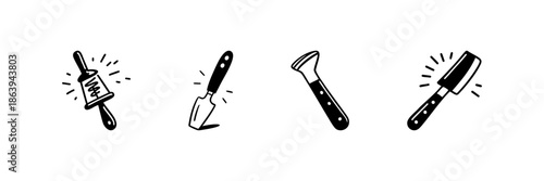 Rolling Pin, Spatula, Peeler, And Cleaver In Hand Drawn Style Set. Kitchen Tools For Cooking, Baking, And Food Preparation Doodle Sketch Collection. Culinary Essentials. Isolated Vector Illustration