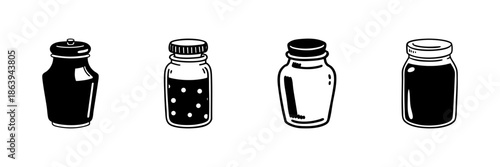 Four Spice Jar Icons In Hand Drawn Style Set. Culinary Seasoning, Kitchen Storage, Cooking Ingredients Doodle Sketch Collection. Vintage Container Design. Isolated Vector Illustration