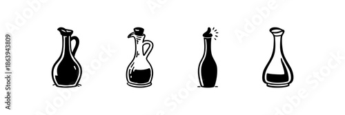 Four Decorative Bottles In Hand Drawn Style Set. Culinary And Kitchenware Doodle Sketch Collection. Vintage Glass Containers For Oils And Vinegars. Isolated Vector Illustration