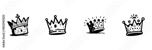 Crown Icons In Hand Drawn Style Set. Royalty, Leadership, Authority Symbol Doodle Sketch Collection. Decorative Elements, Monarchy Representation. Isolated Vector Illustration