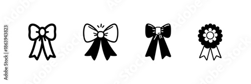 Decorative Bow And Rosette Icons In Hand Drawn Style Set. Gift Wrapping, Celebration, Award Recognition Doodle Sketch Collection. Festive Decoration Elements. Isolated Vector Illustration