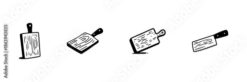 Cutting Boards And Cleaver In Hand Drawn Style Set. Kitchen Tools, Culinary Preparation, Cooking Essentials Doodle Sketch Collection. Rustic Kitchenware. Isolated Vector Illustration