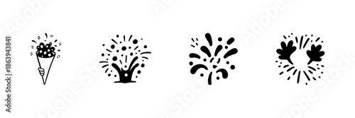 Celebratory Fireworks And Confetti Icons In Hand Drawn Style Set. Festive Celebration, Party, And Event Decoration Doodle Sketch Collection. Joyful And Exciting Elements. Isolated Vector Illustration