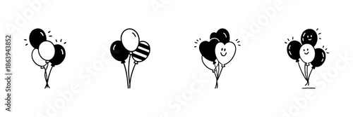 Balloon Doodle Icons In Hand Drawn Style Set. Celebration, Party, Festive Decoration Sketch Collection. Playful And Joyful Designs. Isolated Vector Illustration