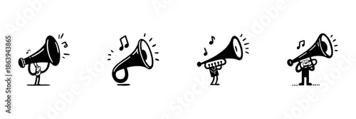 Megaphone And Music Notes In Hand Drawn Style Set. Sound Amplification, Communication, Public Announcement Doodle Sketch Collection. Musical Expression. Isolated Vector Illustration