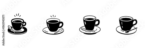 Coffee Cups With Saucers And Spoons In Hand Drawn Style Set. Morning Beverage, Cafe Culture, Relaxation Doodle Sketch Collection. Isolated Vector Illustration