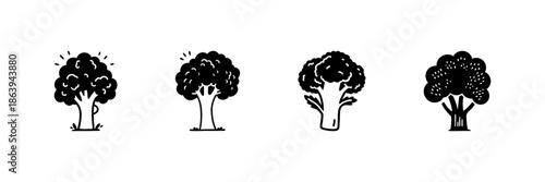 Tree And Broccoli Icons In Hand Drawn Style Set. Nature And Healthy Eating Doodle Sketch Collection. Organic And Eco-Friendly Design. Isolated Vector Illustration
