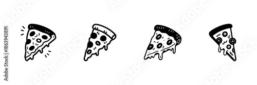 Pizza Slice Icons In Hand Drawn Style Set. Delicious Fast Food, Italian Cuisine, Tasty Snack Doodle Sketch Collection. Perfect For Menus And Food Blogs. Isolated Vector Illustration